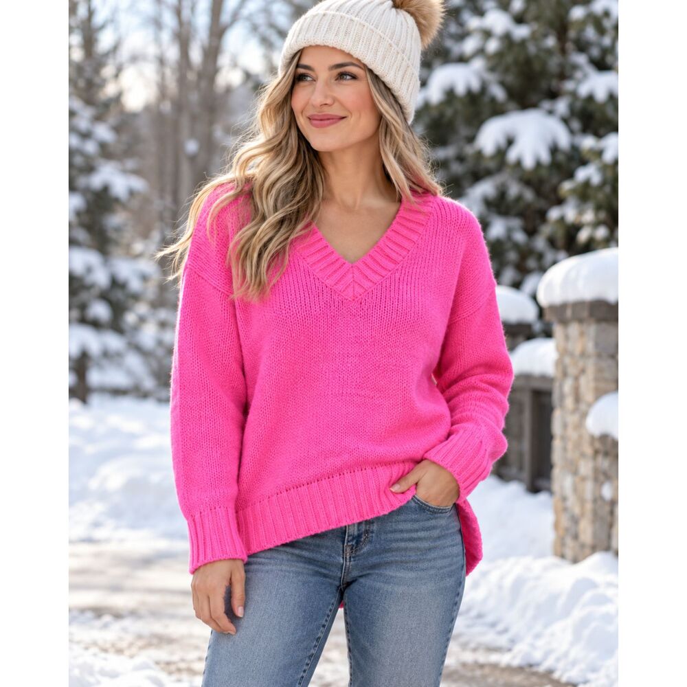 Aerie Women’s Hot Pink Chunky Knit V Neck Oversized Pullover Sweater Size XS